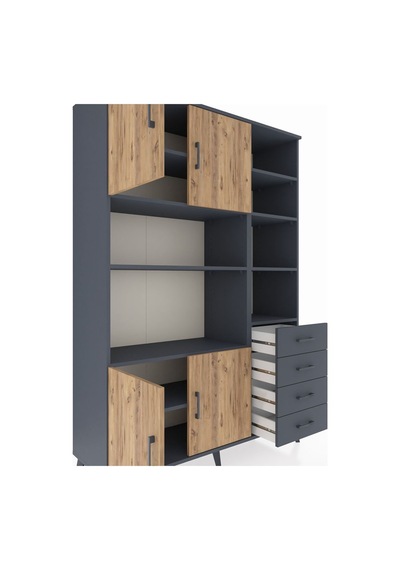 Hyperion Dolap 9 Raflı 4 Çekmeceli 4 Kapaklı 132x44x195 Antrasit-çam/antrasit Atlas Çam/antrasıt