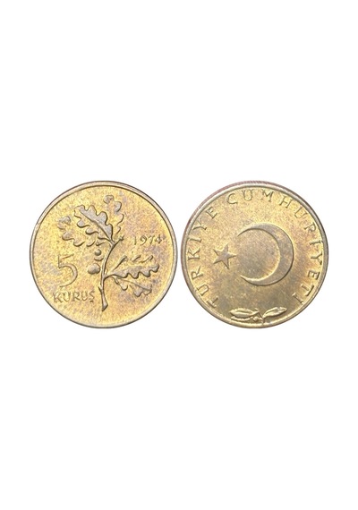 Türkiye 1974 Yılı Tedavül Bakır 5 Kuruş Çil Özel Renkli Kapamasında Unc