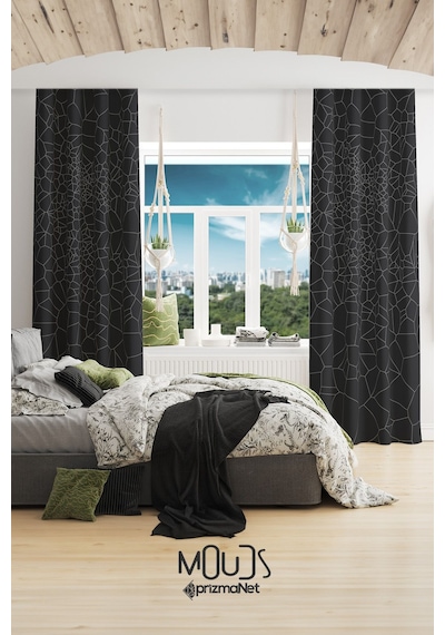 Grey Crystal Desenli Süet Oturma Odası Salon Fon Perde Baskılı Ekstrafor Büzgü 2 Kanat Prd-1079 Çok Renkli