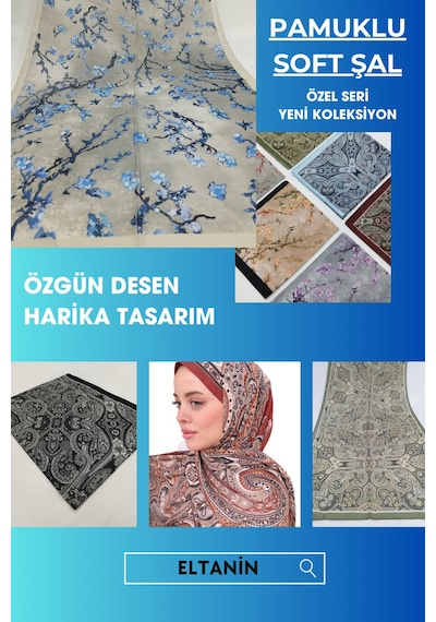 Eyfel Pamuklu Soft Özel Seri Şal Etnik & Çiçekli Desen, Orjinal, Tesettür Giyim, Yeni Koleksiyon Bej - Mavi