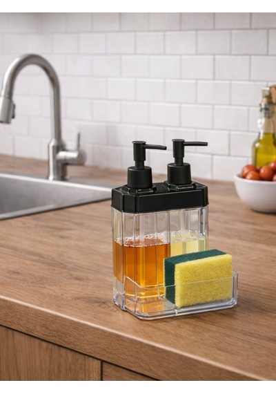 2 Bölmeli Şeffaf Sıvı Sabunluk Ve Süngerlik Mutfak İçin Modern Sabun Dispenseri Gri
