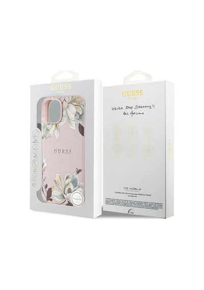Apple Uyumlu iPhone 15 Kılıf Guess Lisanslı M-safe Özellikli Taneli Çiçek Tasarımlı Metal Yazı Logolu Kapak Pembe