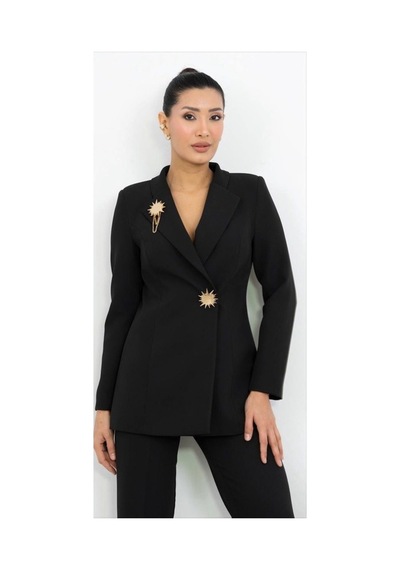 Dorne Moda Gold Aksesuar Detaylı Blazer Ceket Pantolon Takım Siyah Siyah