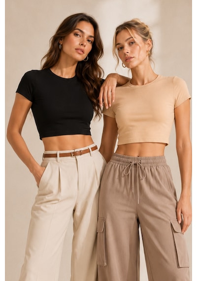 Loule Kadın 2'li Bisiklet Yaka Kısa Kollu Crop Top Siyah-bej %92 Pamuk Siyah - Bej