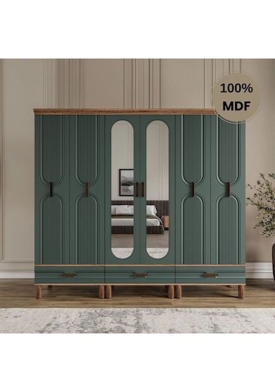 Zen 6 Kapak Ayaklı Tasarım Country Mdf Gardırop Yeşil