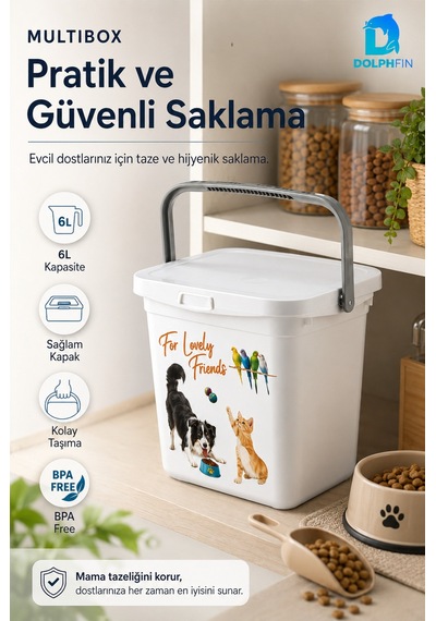 Multibox 6 L Kapaklı Kedi Köpek Mama Saklama Kabı Taşıma Saplı Bpa Free