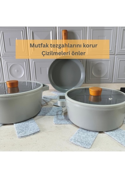 12 Li Set Tencere Tava Koruyucu Borcam Çizdirmez Keçe Düzenleyici Gri