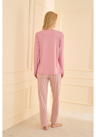 Mihra Kadın Pijama Takımı Uzun Kol Mevsimlik Pembe
