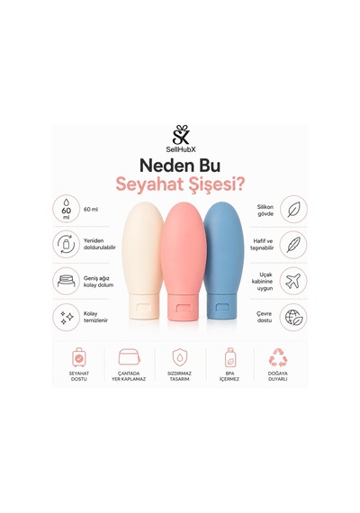3'lü Silikon Seyahat Şişesi Seti 60 Ml Bpa Free Sızdırmaz Seyahat Boy Şampuan, Losyon Ve Kozmetik Taşıma Şişesi