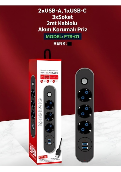 Ftr 2500w Termal Akım Korumalı 3 Lü Priz 2 Usb, 1 Type-c, Sigortalı Çoklayıcı, 2 M Kablo 0.2 M