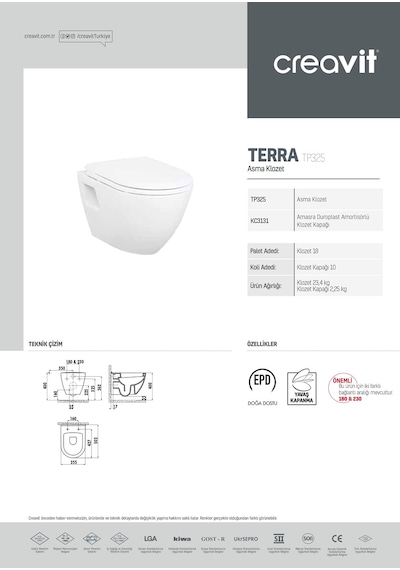 Creavit Tp325 Terra Asma Klozet + Ultima Duroplast Hidrolik Yavaş