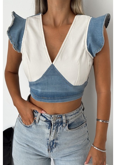 Femelle Kadın Mavi Sırtı Fermuarlı Crop Kot Bluz