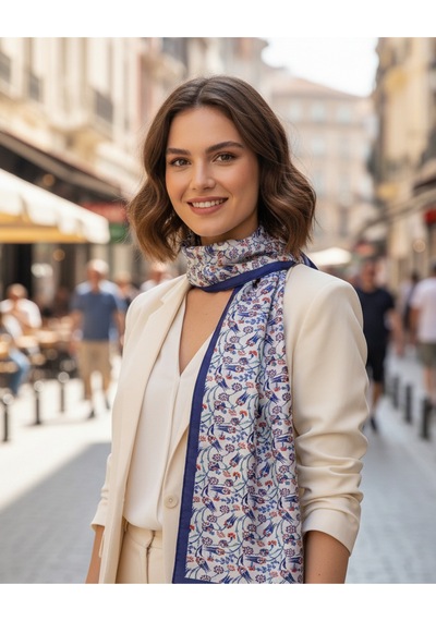 Saray Çiçekleri Desen Şık & Zarif Kadın Aksesuarı Saten Fular 30x165cm Çok Renkli