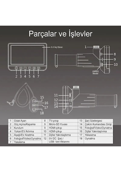 Um053 5.0 İnç Ips Ekranlı 50x Dijital Teleskop - 1080p Full Hd Video, 14 Mp Fotoğraf, Tripod & Uzaktan Kumandalı Uzak Mesafe Gözlem Dürbünü