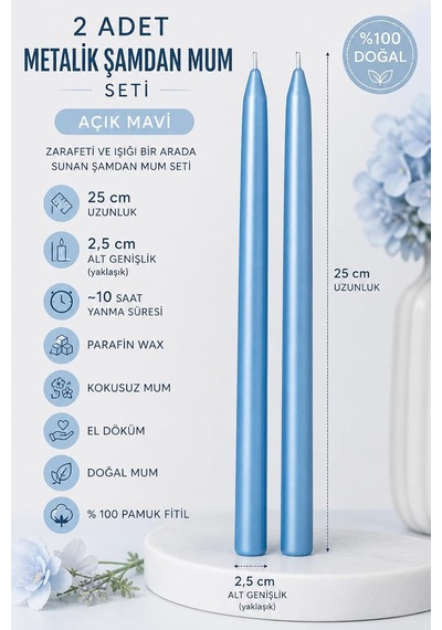 2'li Açık Mavi Metalik Şamdan Mum Seti 25 Cm Dekoratif İnce Şamdan Mum, Kokusuz Parafin Wax,%100 Pamuk Fitil, E Çok Renkli