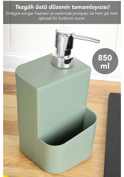Süngerlik Bölmeli Sıvı Sabunluk - Tezgah Üstü Süngerlikli Sabunluk Mutfak Organizer 850ml Yeşil Yeşil