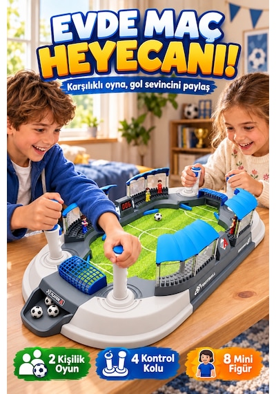 Büyük Boy Masaüstü Futbol Oyunu 70,5 Cm 2 Kişilik 4 Kontrollü Mini Stadyum 8 Figürlü Çocuk Oyun Seti