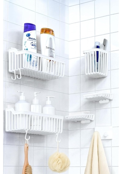 Banyor 6'lı Banyo Seti Yapışkanlı Banyo Düzenleyici Şampuanlık Diş Fırçalık Sabunluk Askılık Takımı Beyaz