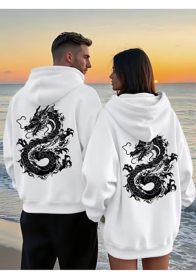 Nevermind Sevgili Çift Kombini Dragon Desenli Hoodie Kapüşonlu Sweatshirt 2 Beyaz