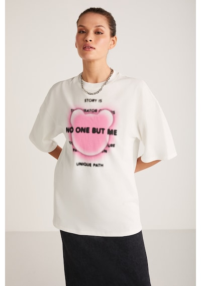 ETHIQUET BUG Kadın %100 Organik Pamuklu Baskı Detaylı Oversize Fit Bol Kesim Kısa Kollu Ekru T-Shirt