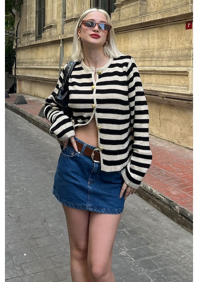 Madmext Bej Çizgili Bisiklet Yaka Gold Düğme Detaylı Cotton Hırka Mg1605 Bej