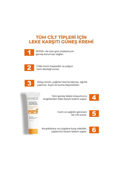 Sinozspf 50 Leke Karşıtı Yüksek Koruyucu Yüz Güneş Kremi 50 Ml Normal Ve Kuru Ciltler Için Sku: Smg8690010442536