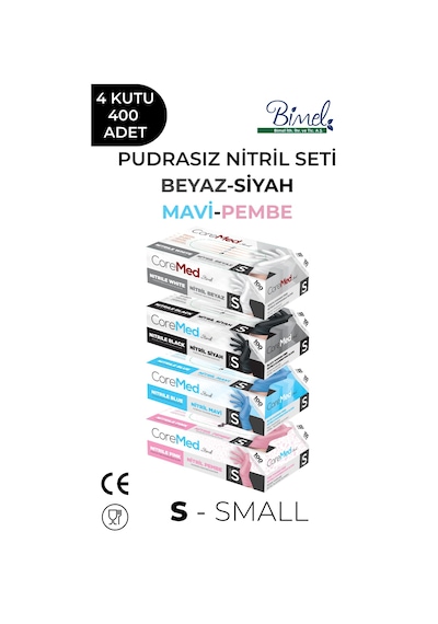 Nitril Muayene Eldiveni Seti S - 4 Paket 100 Lü - Beyaz-siyah-mavi-pembe