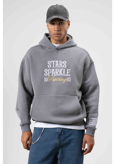 Vamos Oversize Nakış Baskılıkapüşonlu Sweatshirt Füme