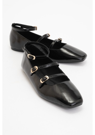 Luvishoes Luvi Shoes Glımmer Siyah Rugan Hakiki Deri Bilekten Bağlamalı Küt Burun Kadın Babet Ayakkabı Siyah Rugan