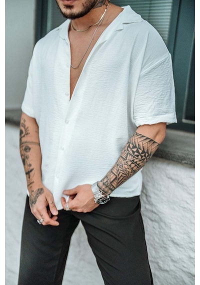Tarz Cool Erkek Krep Kumaş Oversize Gömlek Beyaz