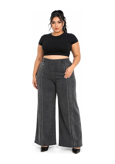 Büyük Beden Beli Lastikli Bağcıklı Yüksek Bel Taş Şerit Detaylı Bol Paça Denim Kadın Pantolon Siyah Büyük Beden Beli Lastikli Bağcıklı Yüksek Bel Taş Şerit Detaylı Bol Paça Denim Kadın Pantolon Siyah