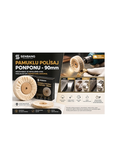 Senbang Pamuklu Polisaj Ponponu 90mm Ahşap Göbekli Parlatma Keçesi Metal Takı Çelik Polisaj Fırçası