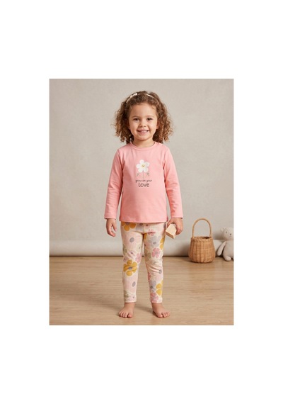 Deniva Kids Kız Çocuk Pudra Papatya Baskılı Fitilli Taytlı Alt Üst Takım Pembe