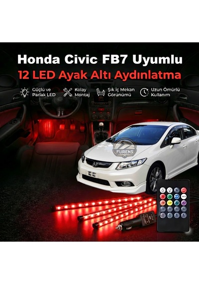 Honda Civic Fb7 Uyumlu Rgb Ayak Altı Led 12 Led Kumandalı Müzik Duyarlı Araç İçi Aydınlatma 7 Renk 12v 1
