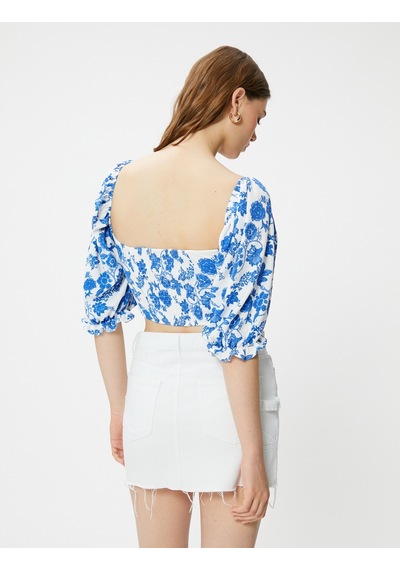 Koton Crop Bluz Kalp Yaka Gipeli Mavi Desenli 3sak80180ek