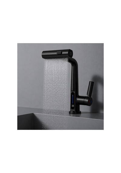 3 Modlu Led Sıcaklık Göstergeli Çekilebilir Şelale Musluk 360 Döner Mutfak Banyo Lavabo Bataryası Gri