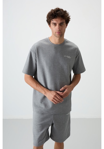 Gri Melanj Pamuklu Kalın Yumuşak Dokulu Oversize Fit Nakışlı Erkek Şort Takım - 85250 GRİ MELANJ