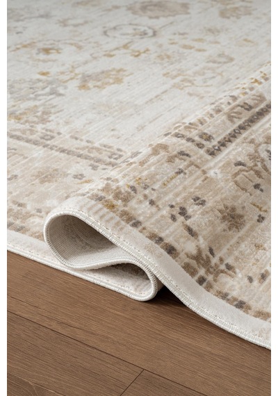 Etro Et003a Krem Klasik Modern Çerçeveli Etnik Desen Parlak Ağır Salon Halısı İpek Serisi-735 Krem