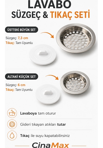 Lavabo Süzgeç Ve Tıkaç Seti 2'li Paslanmaz Çelik Mutfak Banyo Gider Süzgeci Diğer
