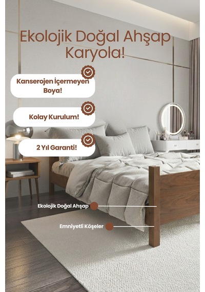 Renazzo Melodi Masif Ahşap Karyola Vernik 200x200 Vernik - 200 X 200