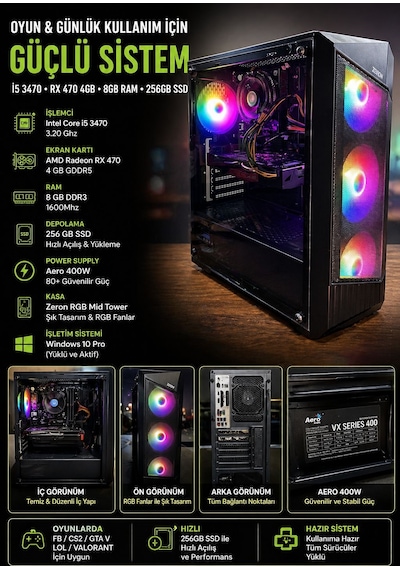 Zeiron Gazı-3470PC i5-3470 8 GB 240 GB SSD 4 GB RTX470 Free Dos Masaüstü Bilgisayar