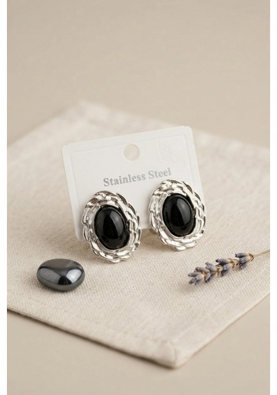 316l Gümüş Renk Vintage Siyah İncili Model Küpe Çok Renkli