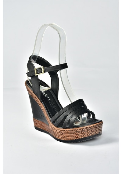 Fox Shoes Siyah Yüksek Dolgu Topuklu Kadın Ayakkabı K674071609 Siyah-suni Deri