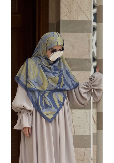 Qalortex Scarf Pamuklu Soft Âmine Desen Eşarp-limon/indigo