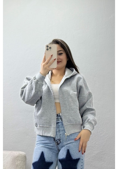Belendir Kadın 3 İplik Kompakt Oversize Fleto Cepli Sweat Gri Açık Gri