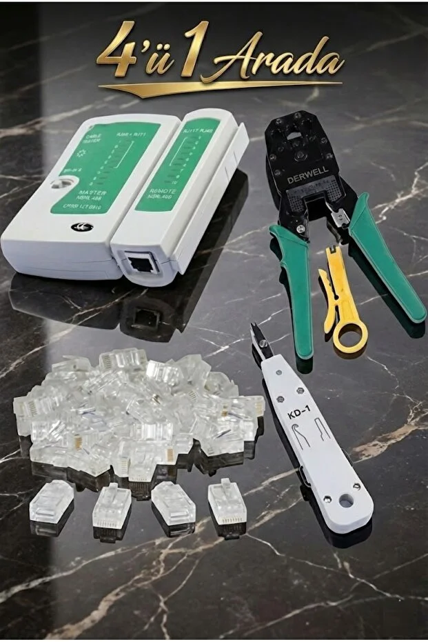 Network Seti Rj45 Rj11 Rj9 Sıkma Pensesi Cat5 Cat6 Çakma + Test Cihazı + Krone Bıçağı Kep Kep +100 Adet Rj45 Konnektör