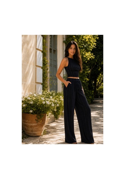 Unika Boutique Crop Pantolon Takım Kadın Şık Yazlık Fitilli SIYAH