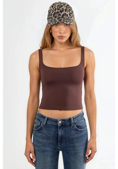 Hiccup Kare Yakalı Vücuda Oturan Crop Top Kahve Kahvesi