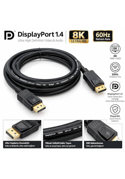 Molix Mx-2563 Displayport V1.4 3 Metre 8k 60hz / 1080p 300hz Altın Uçlu Dp Kablo