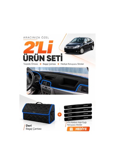 Renault Symbol Airbagsiz 2008-2011 Uyumlu Torpido Örtüsü + Deri Bagaj Çantası Seti - Siyah Mavi